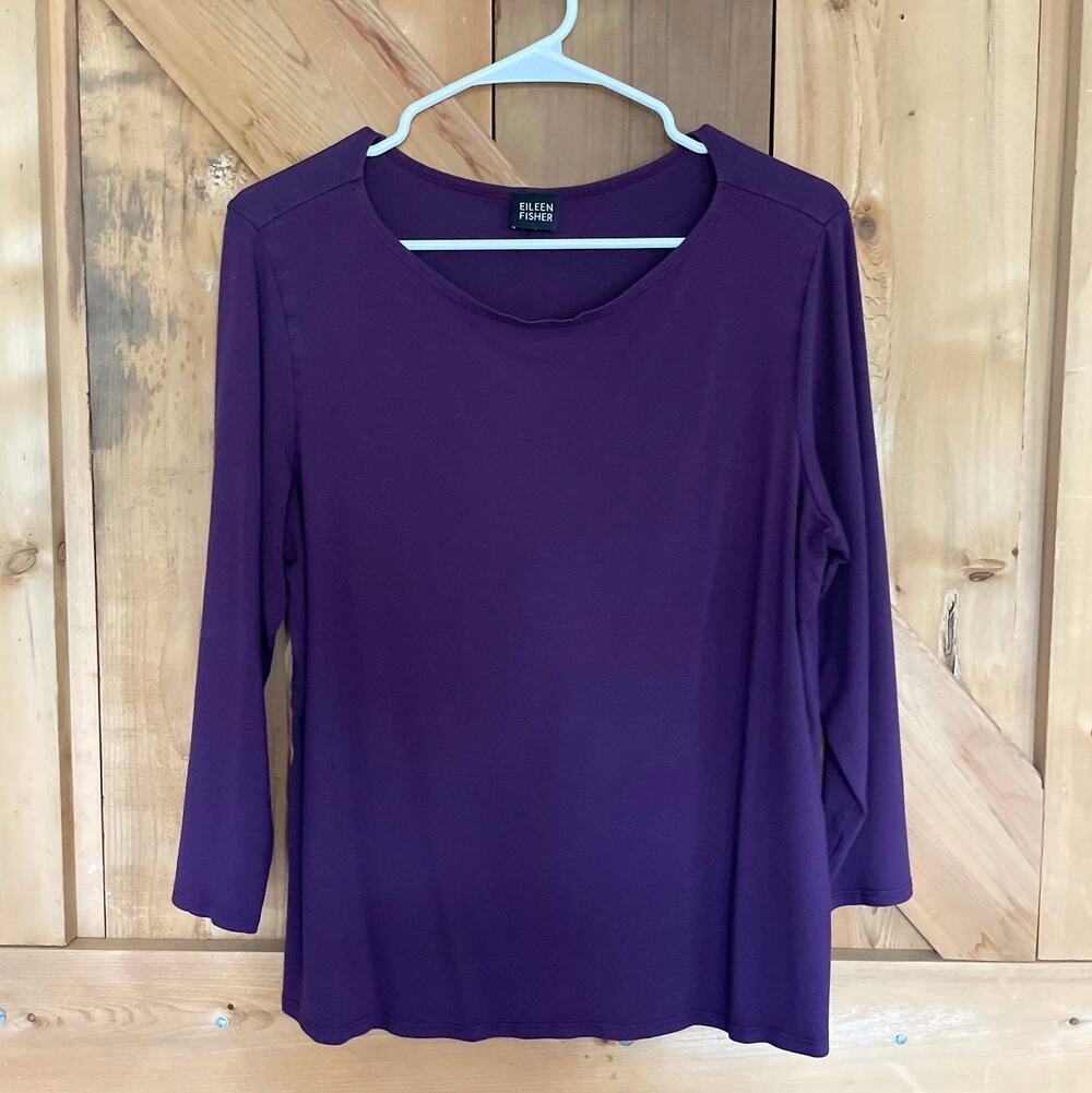 EILEEN FISHER Top Purple, Stretch, Jersey, Crew Neck, 3/4 Sleeve, Minimal